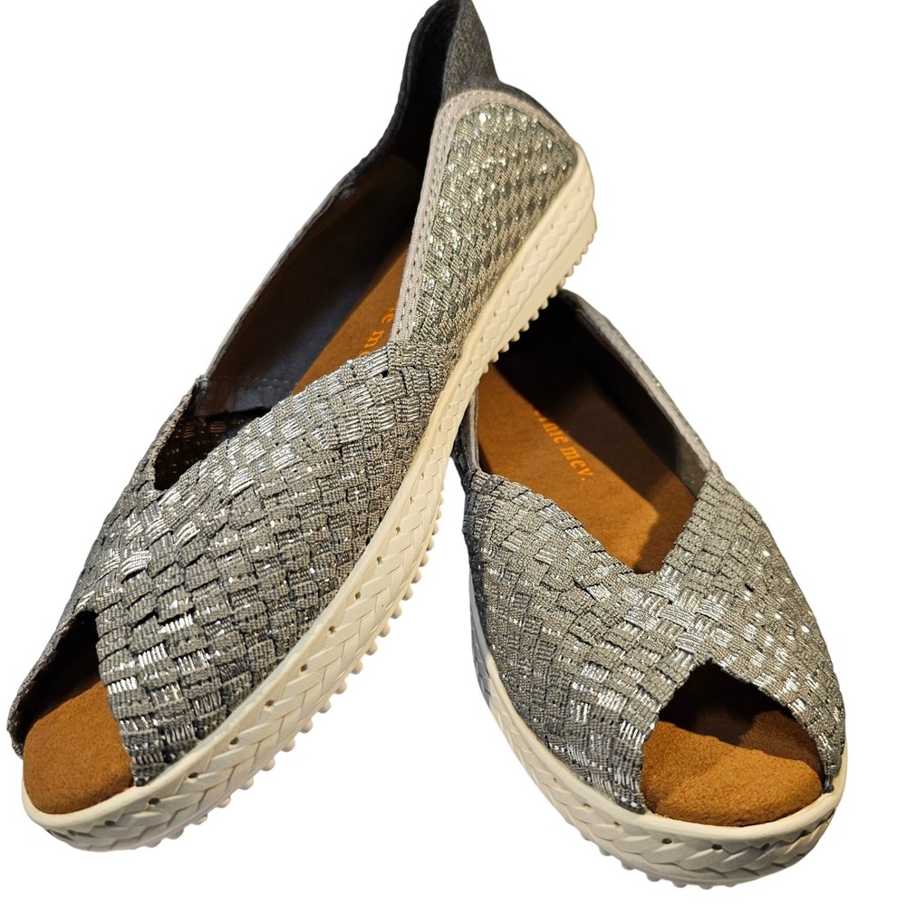 bernie mev. Silver Woven Peep-Toe Slip-On Flats